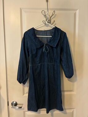 Old Navy Dark Blue Denim Midi Dress with Peter Pan Tie Collar